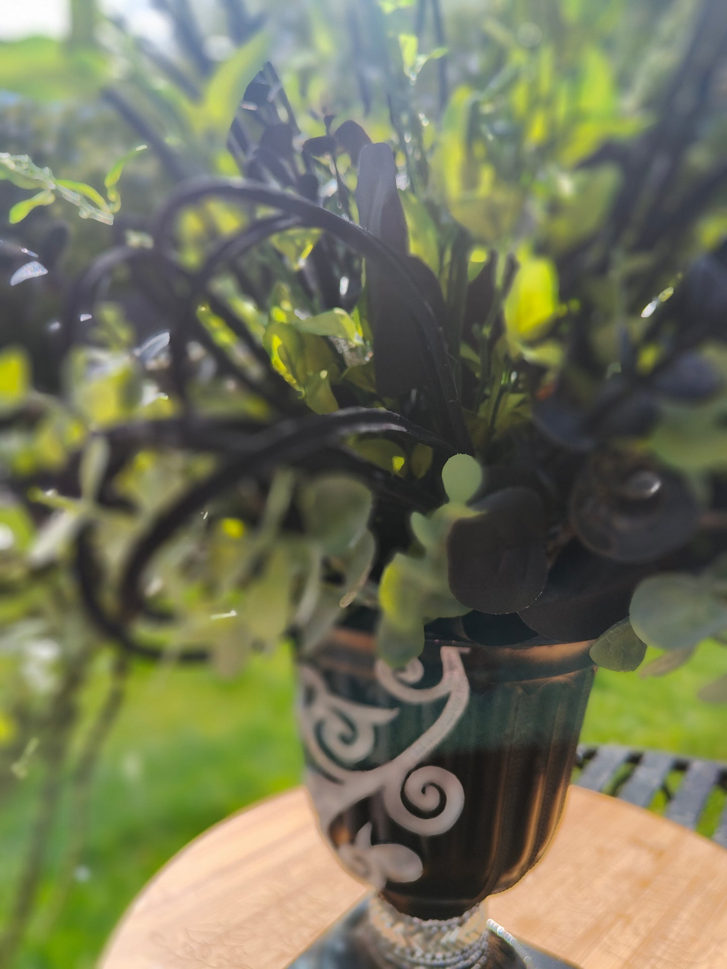 Black, green, diamante flower arrangement bling centrepiece tablecentre Halloween