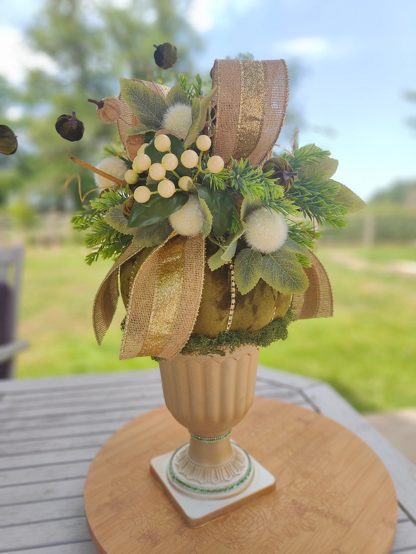 Autumn centrepiece pumpkin arrangement tall pedestal display bling pumpkin