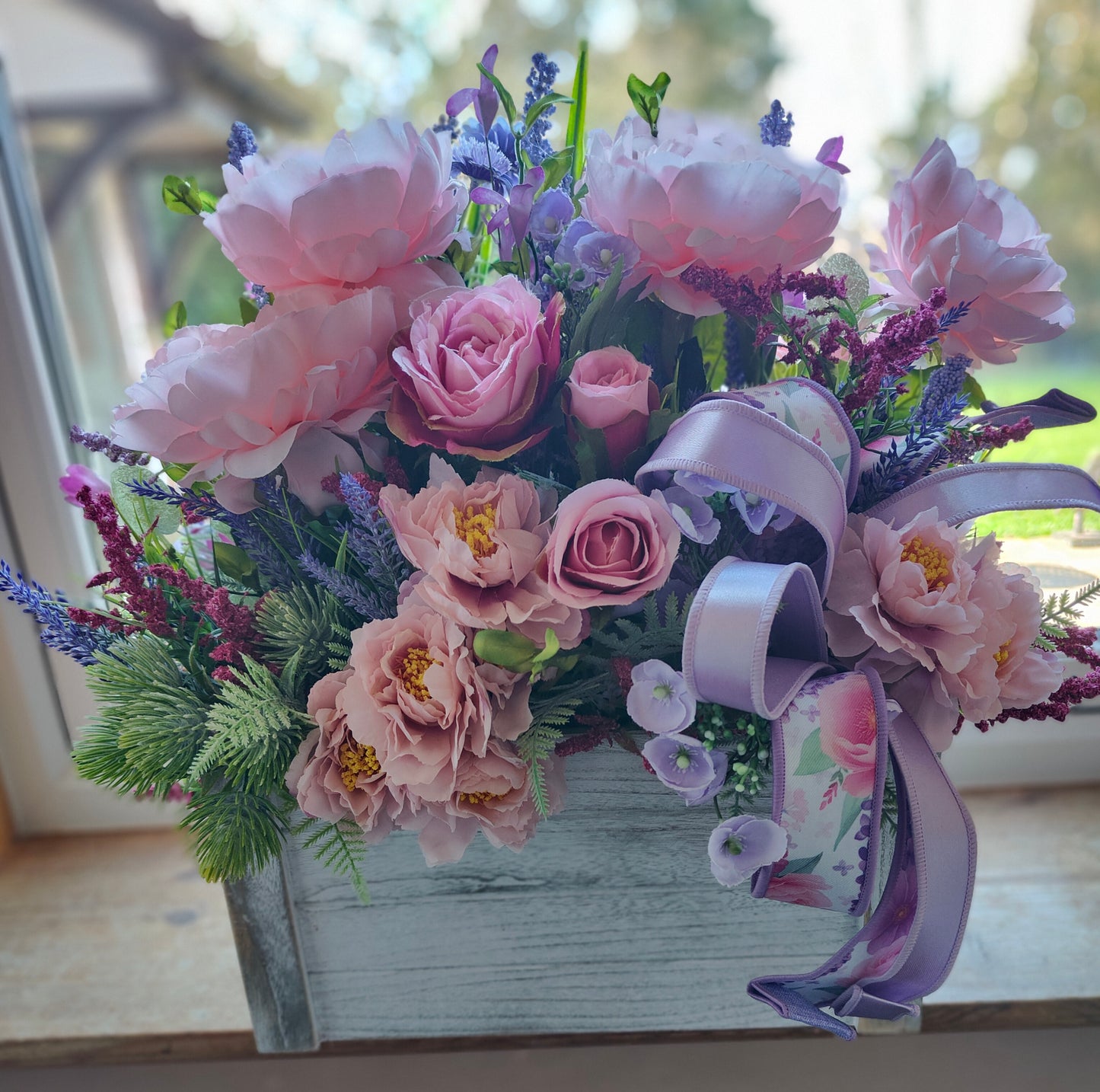 Flower planter artificial flowers arrangement pastel pinks lilacs house decor or garden patio ornament gift present