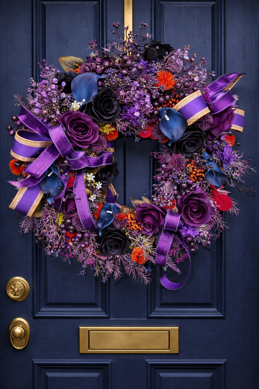 Wreath purple navy blue circular wicker large door wreath hanger