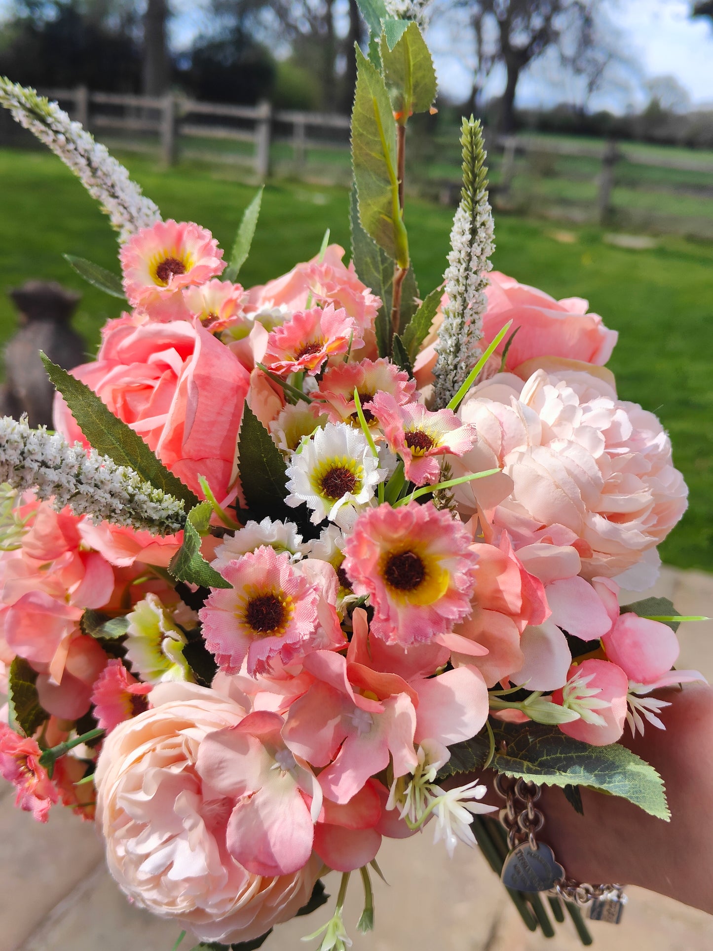 Wedding bridal bouquet, hand tied flowers, artificial flowers bunches, vintage pink peach, flowers for a vase