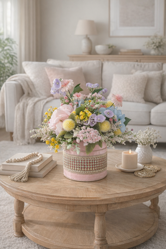 Pastel flowers artificial centrepiece box tablecentre decoration Easter Spring florals