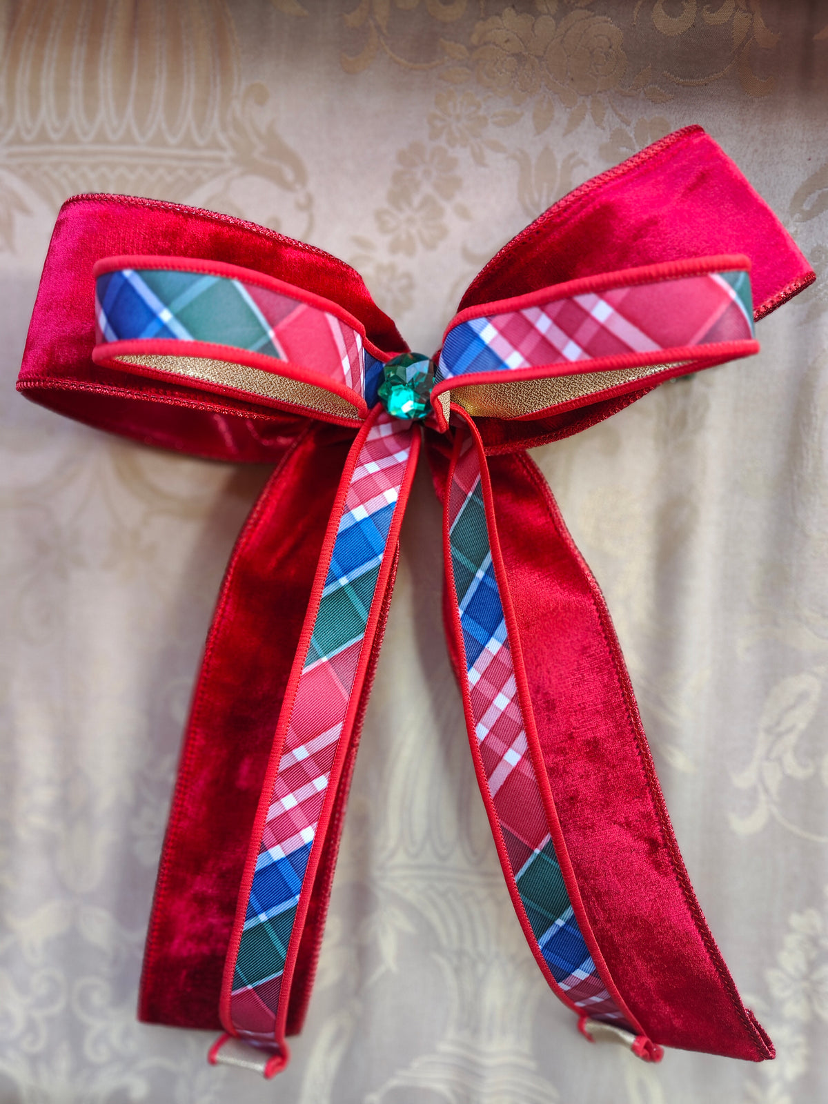 Christmas tree bows velvet designer ribbons Ralph Lauren style tartan