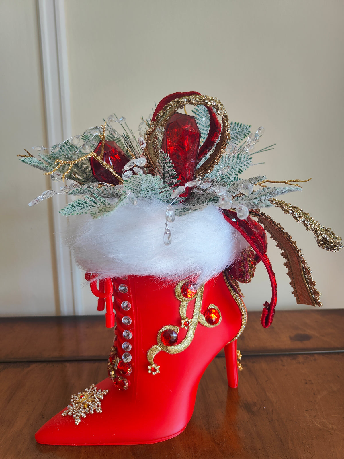 Mrs Claus boot high heeled red embellished centrepiece deluxe