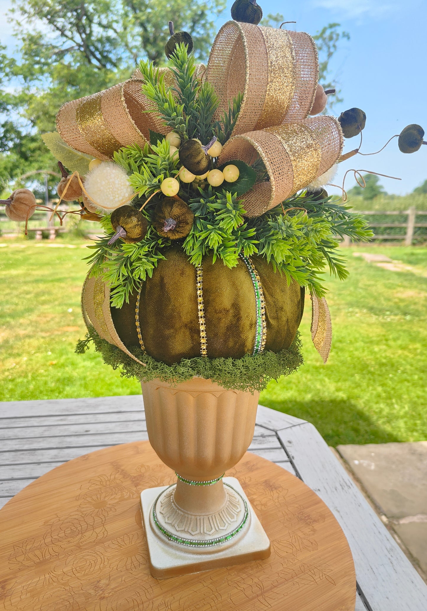 Autumn centrepiece pumpkin arrangement tall pedestal display bling pumpkin