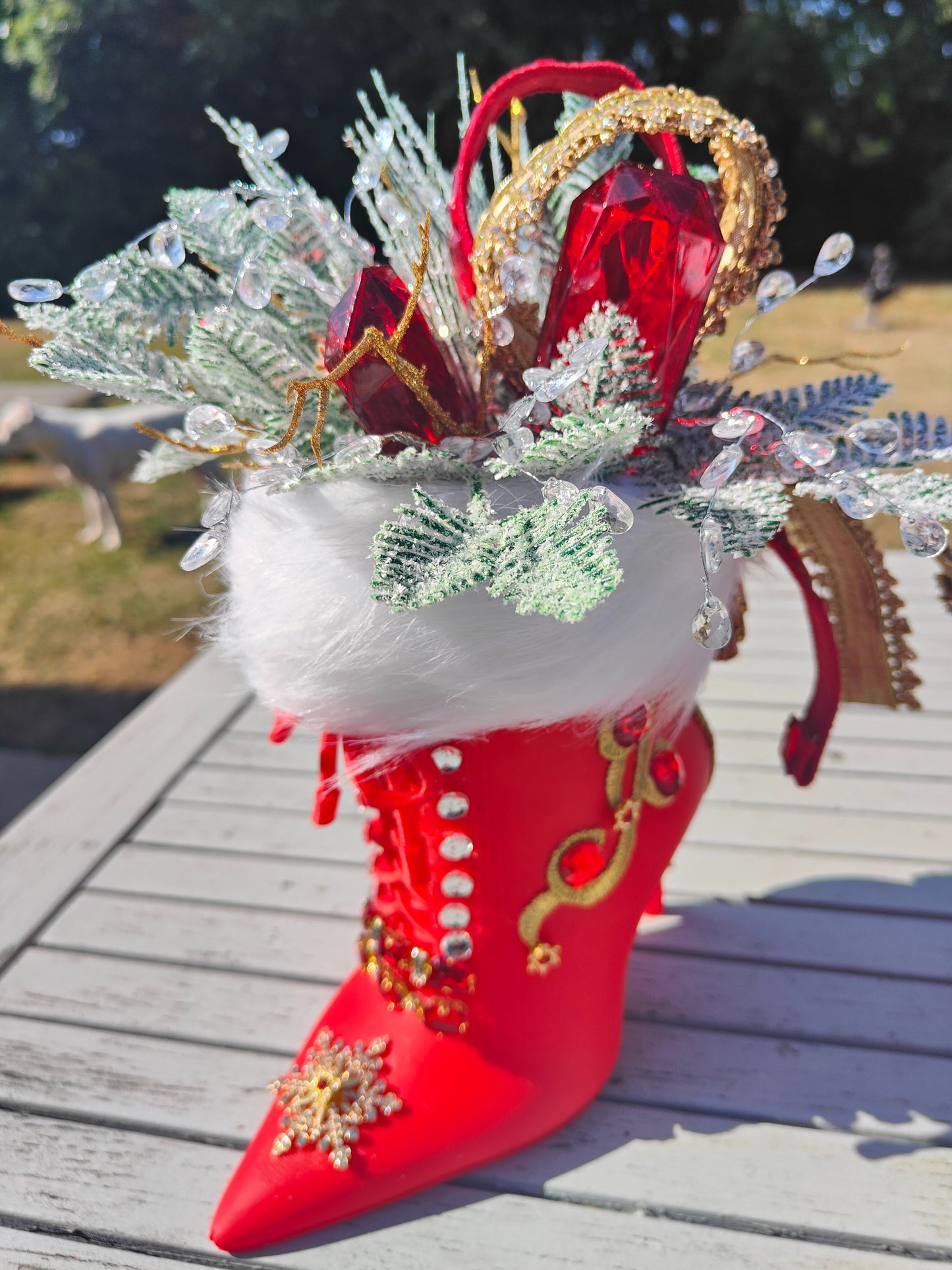 Mrs Claus boot high heeled red embellished centrepiece deluxe