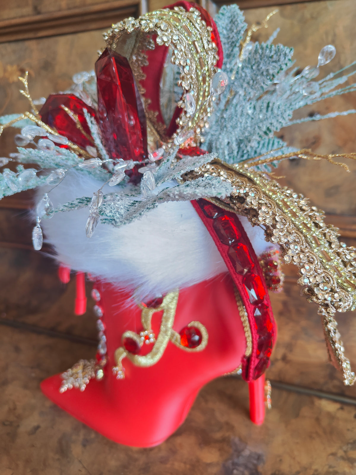 Mrs Claus boot high heeled red embellished centrepiece deluxe