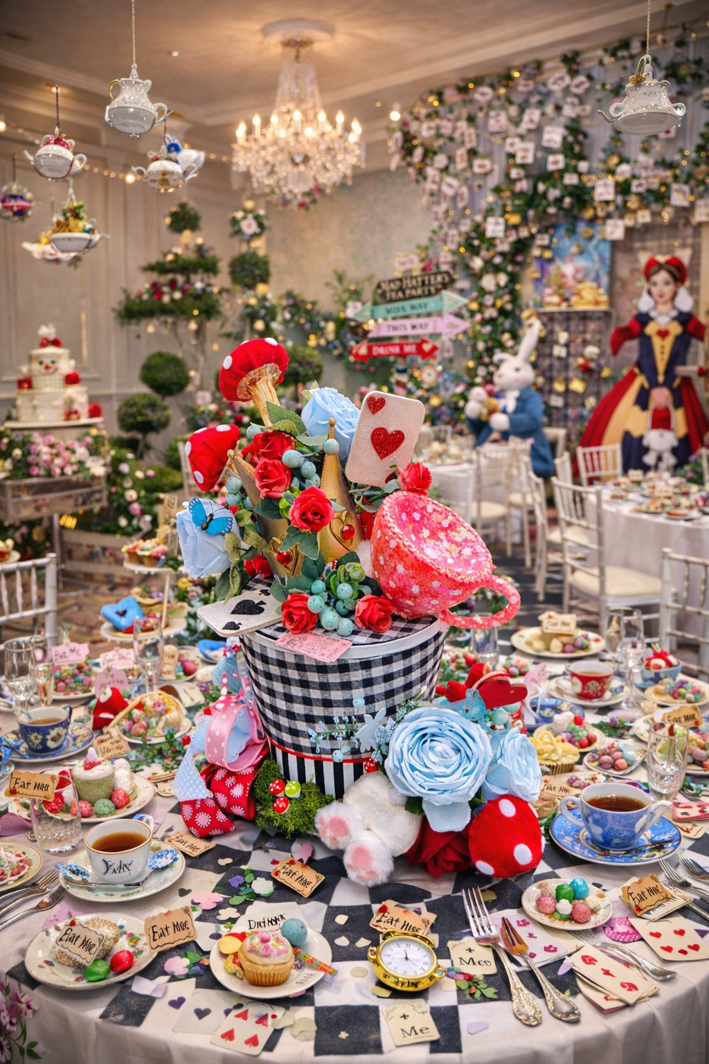 Alice in Wonderland centrepiece ornament party decoration theme top hat blue and red Mad Hatter wedding decor