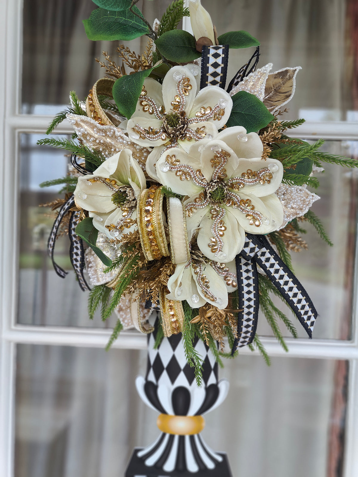 Mackenzie Childs inspired vase wall hanger swag cream magnolias