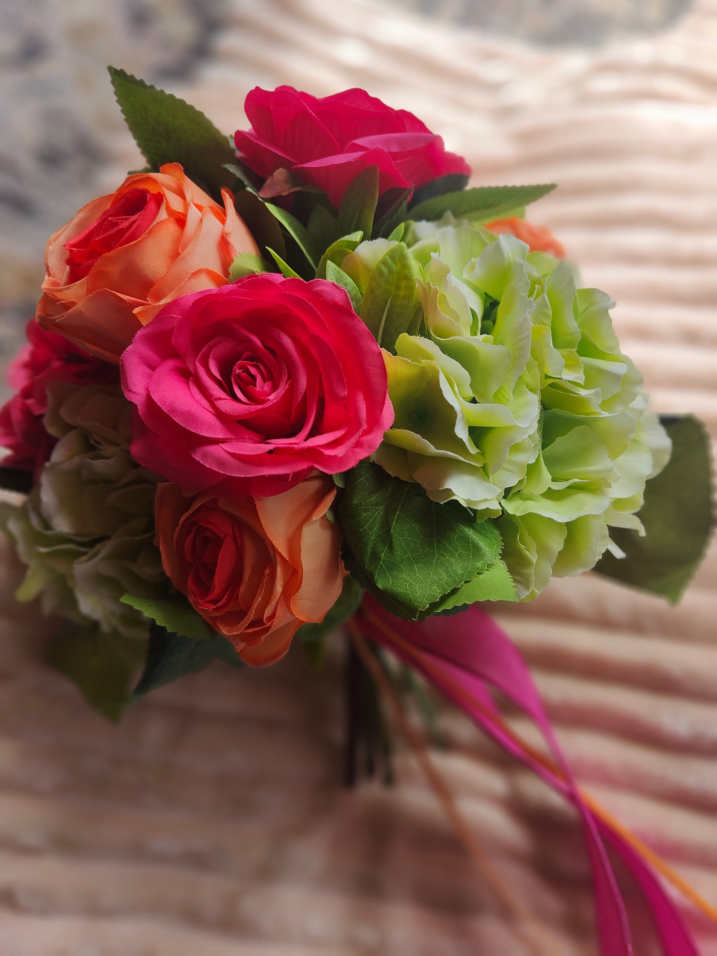 Wedding bride bouquet hand-tied artificial flowers dark pink cerise, orange, pale light green