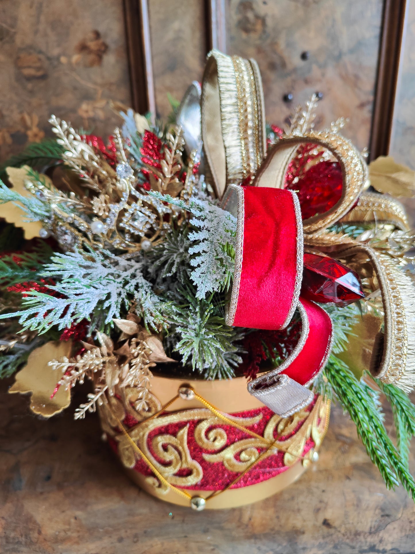 Christmas drum decoration red and gold regal centrepiece Farrisilk ribbons gems