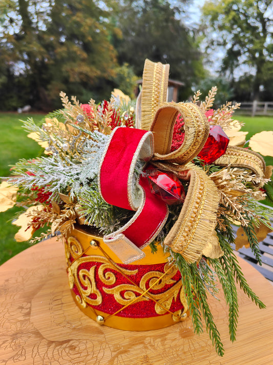Christmas drum decoration red and gold regal centrepiece Farrisilk ribbons gems