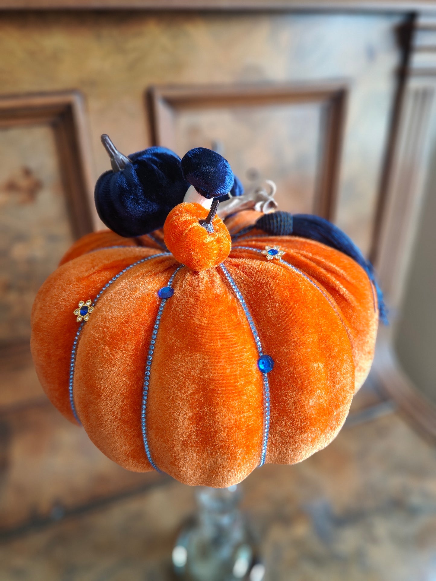 Pumpkin orange velvet bling embellished decorated pumpkin decor