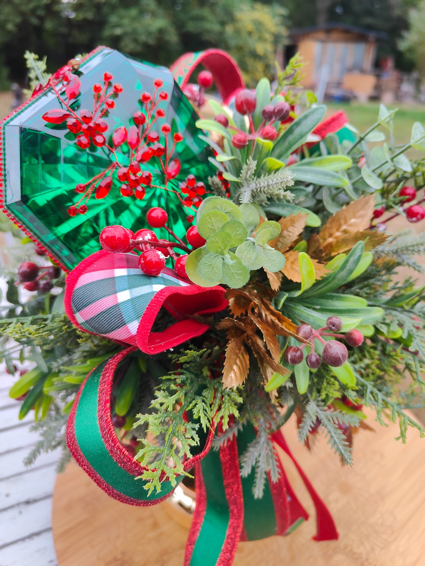 Christmas arrangement decoration tablecentre pedestal gold vase traditional centrepiece