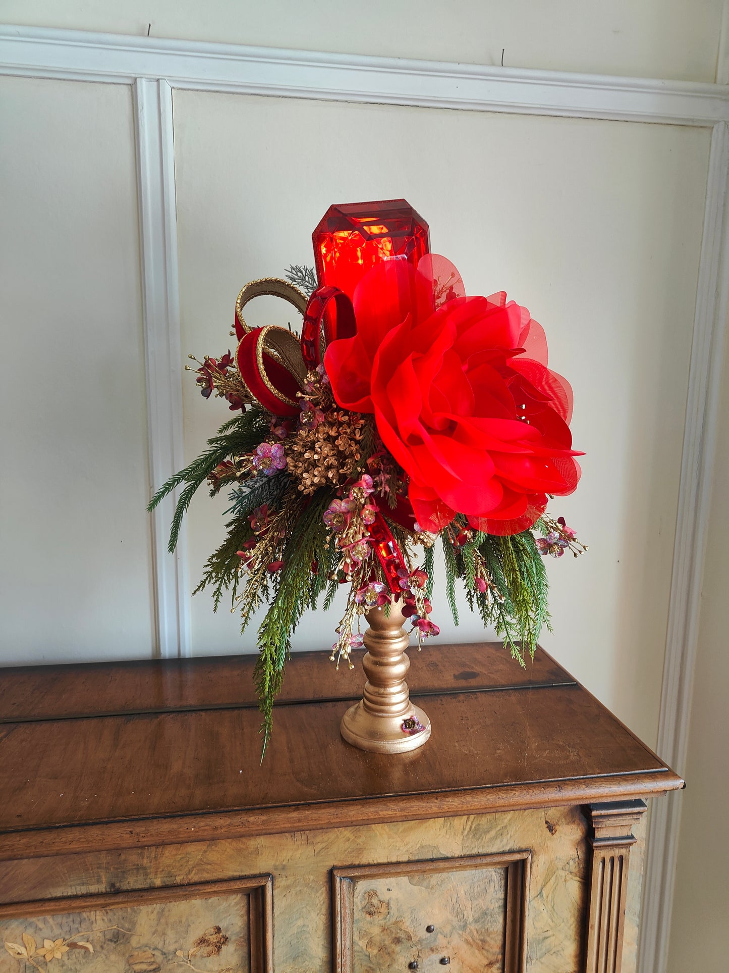 Large red Christmas candlestick gem centrepiece