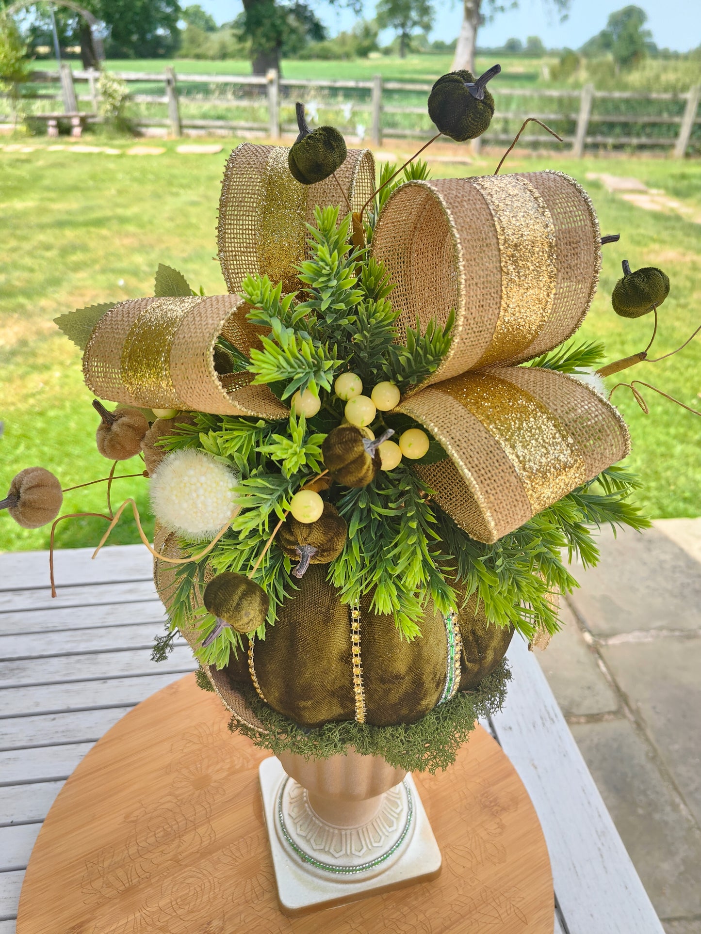 Autumn centrepiece pumpkin arrangement tall pedestal display bling pumpkin