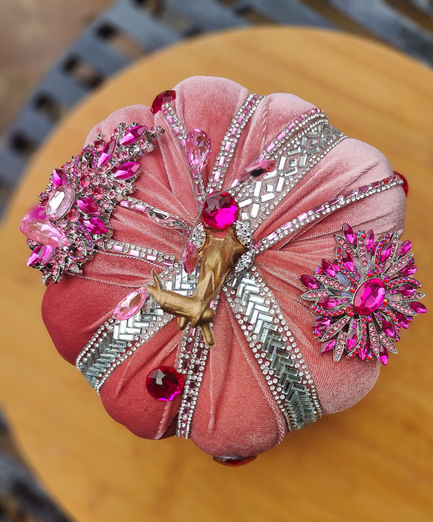 Pink pumpkin embellished decorated 20cm pastel pink velvet Autumn decor pumpkin