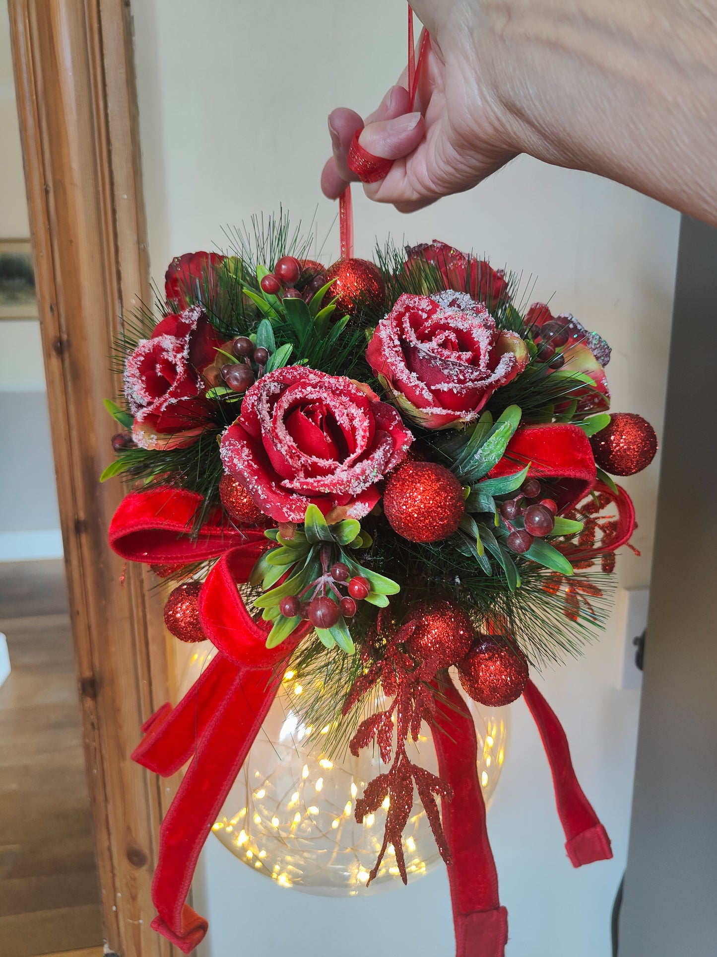Christmas baubles large decorated traditional red and green hanging bauble display