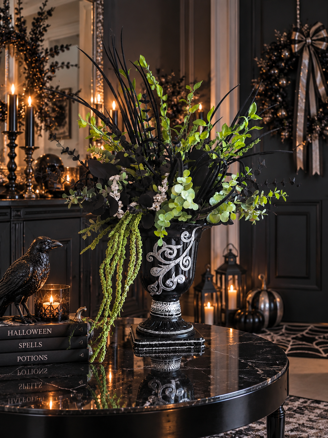 Black, silver diamante flower arrangement bling centrepiece tablecentre