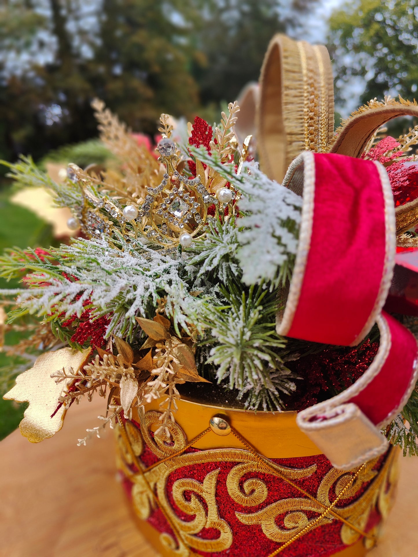 Christmas drum decoration red and gold regal centrepiece Farrisilk ribbons gems