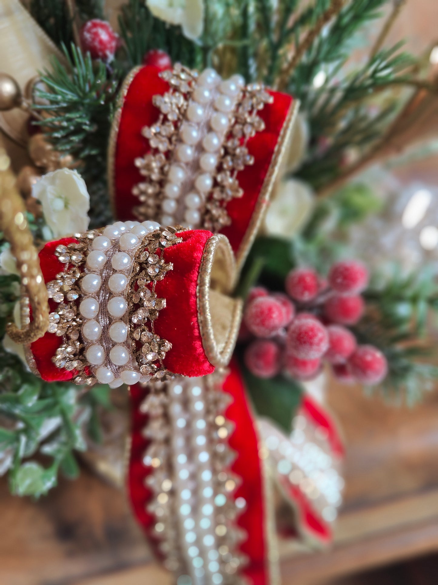 Christmas tablecentre luxury ivory red gold arrangement centrepiece