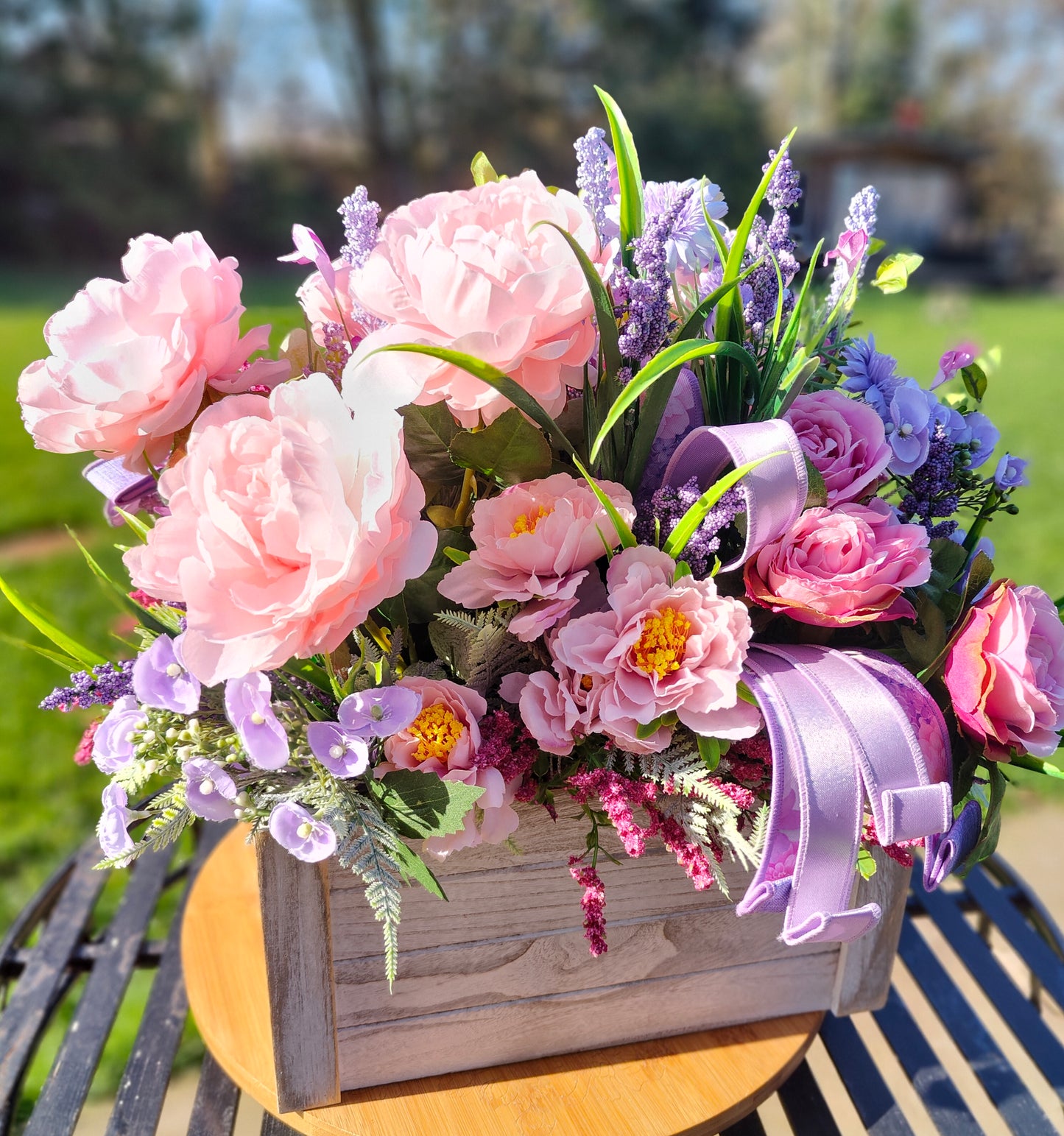 Flower planter artificial flowers arrangement pastel pinks lilacs house decor or garden patio ornament gift present