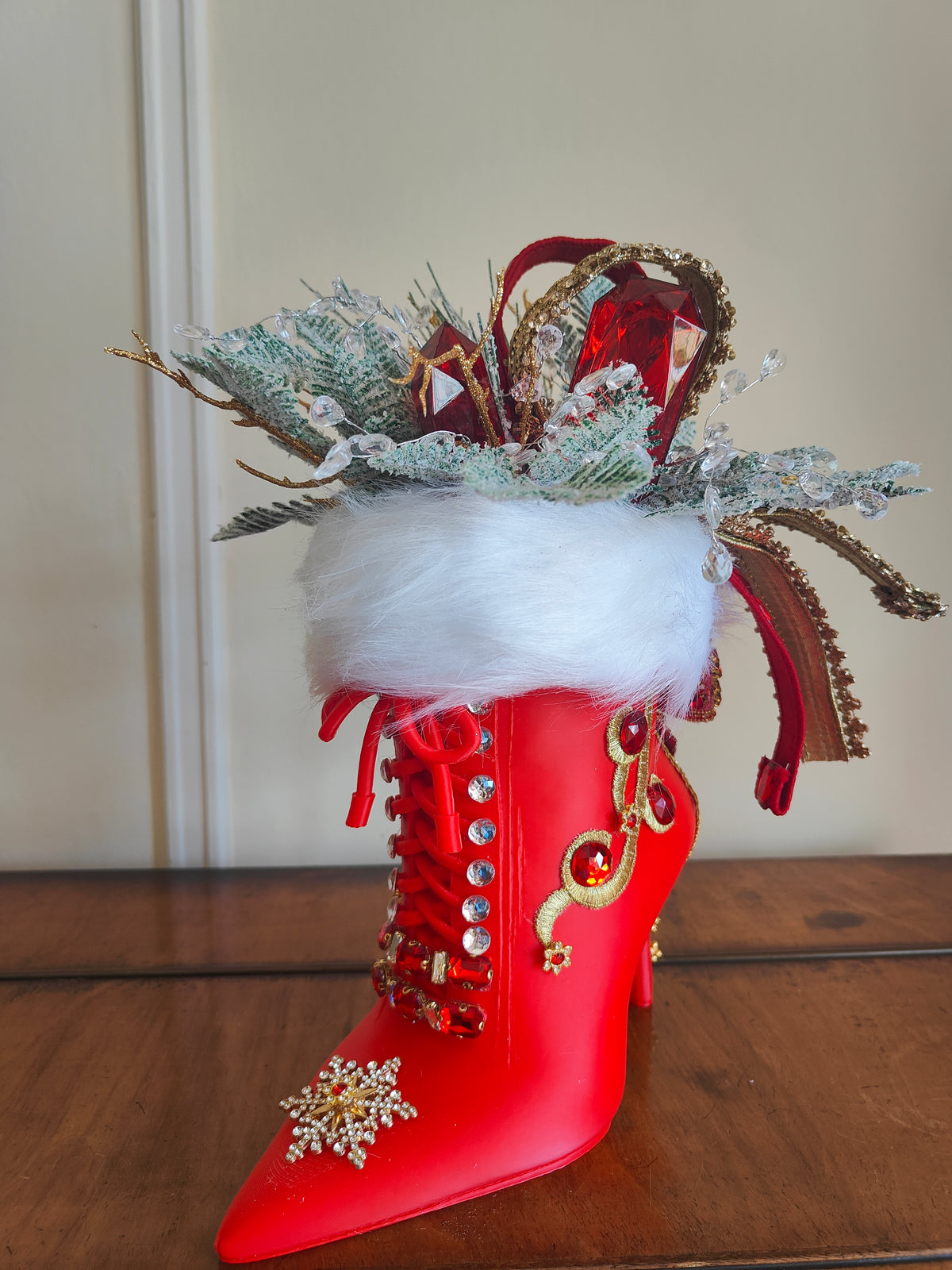 Mrs Claus boot high heeled red embellished centrepiece deluxe