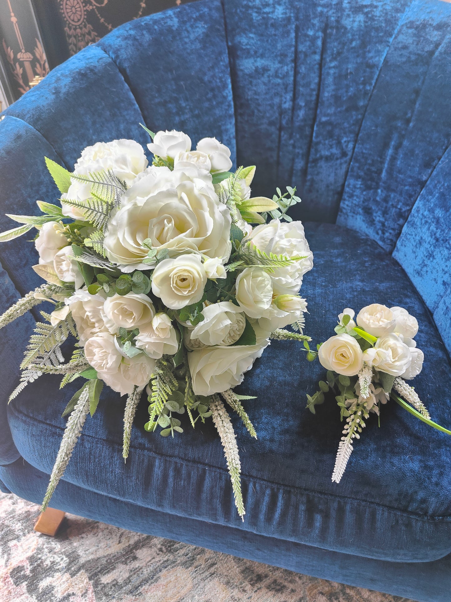 Bride bouquet white roses, peonies, ranunculus and matching groom button hole