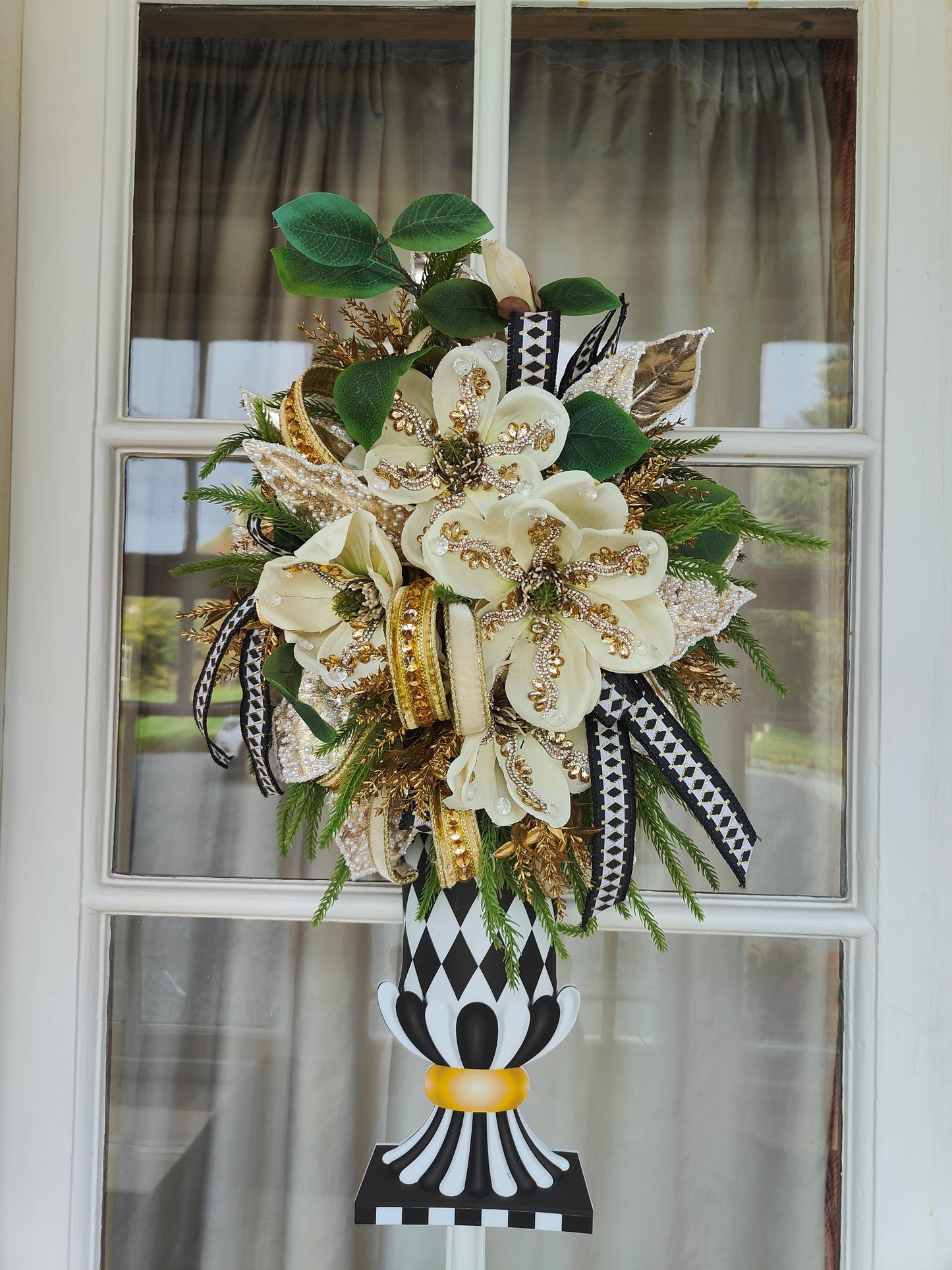 Mackenzie Childs inspired vase wall hanger swag cream magnolias
