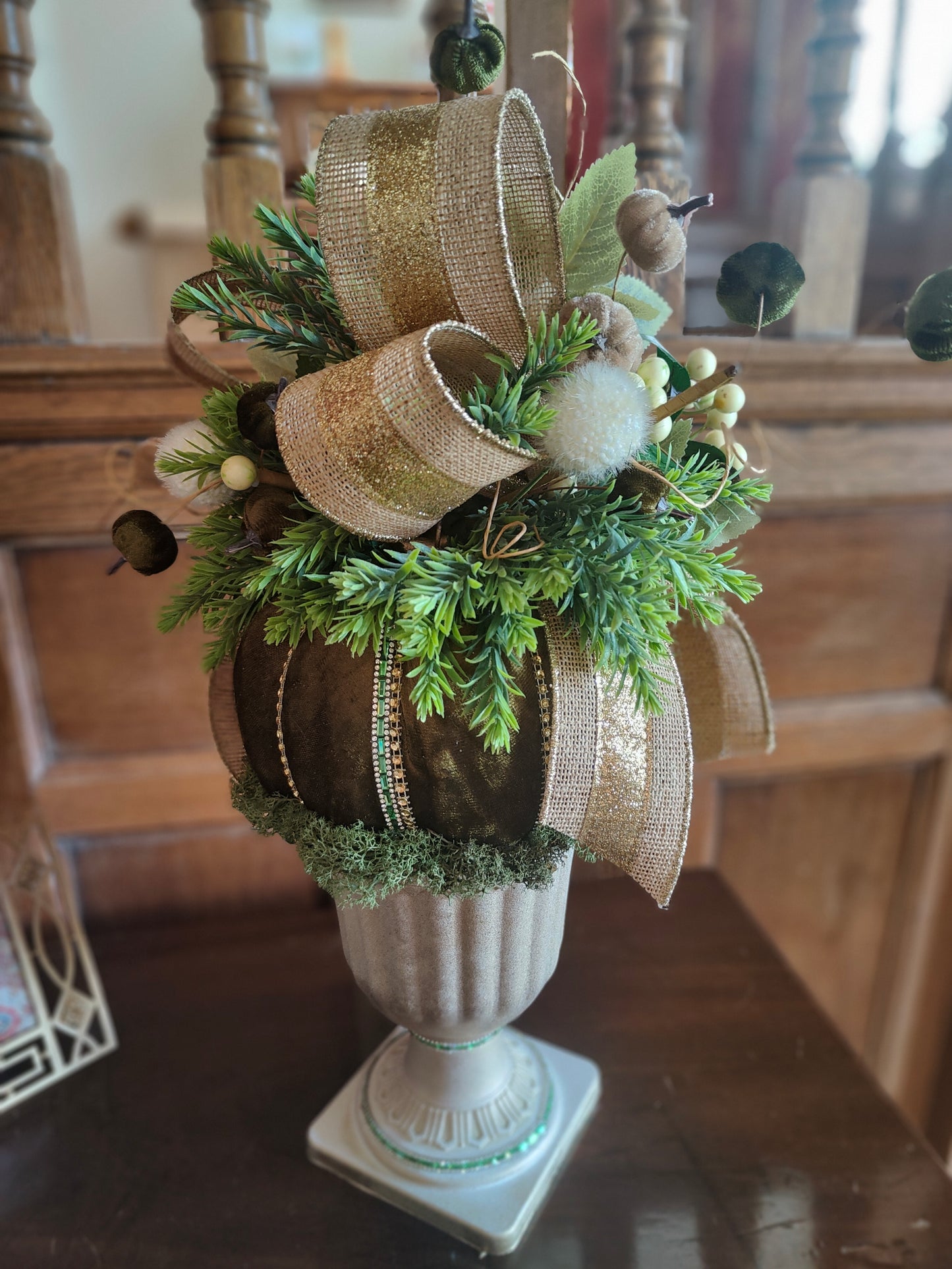 Autumn centrepiece pumpkin arrangement tall pedestal display bling pumpkin