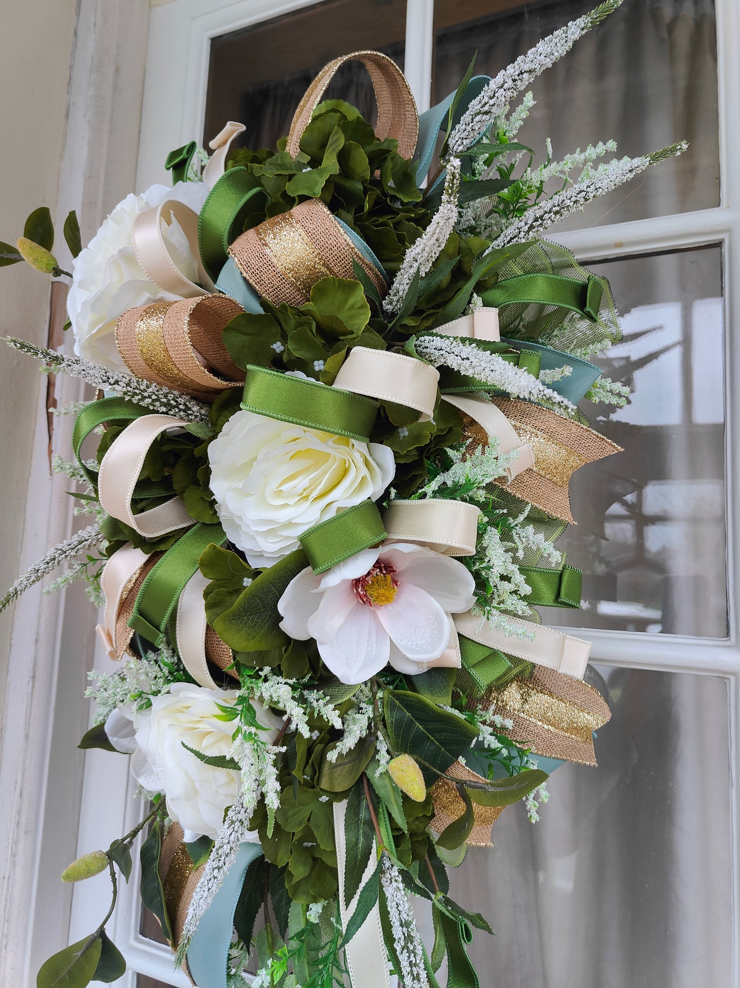 Natural wreath neutral colours swag magnolia peonies Farrisilk ribbons large door decor