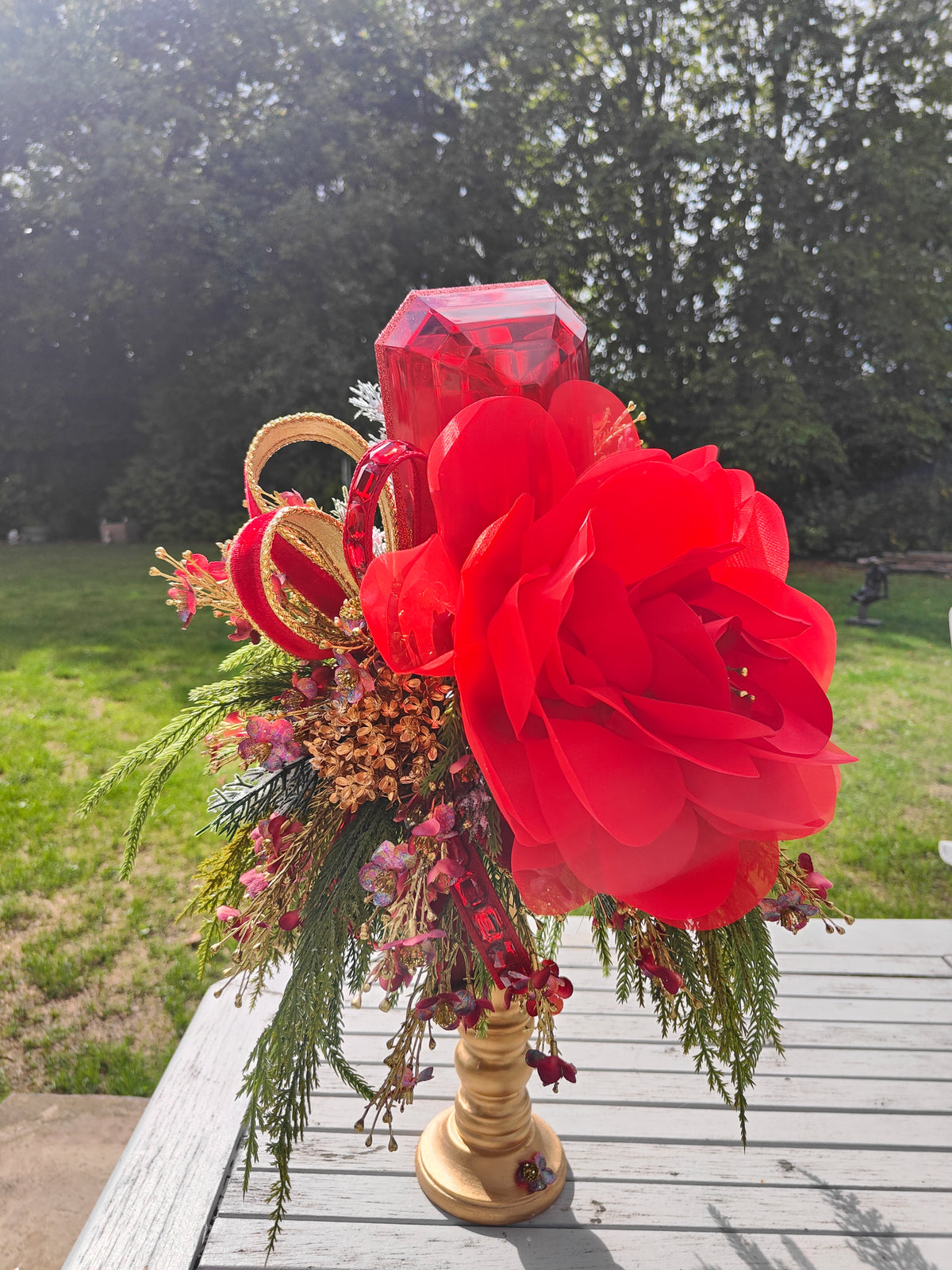 Large red Christmas candlestick gem centrepiece