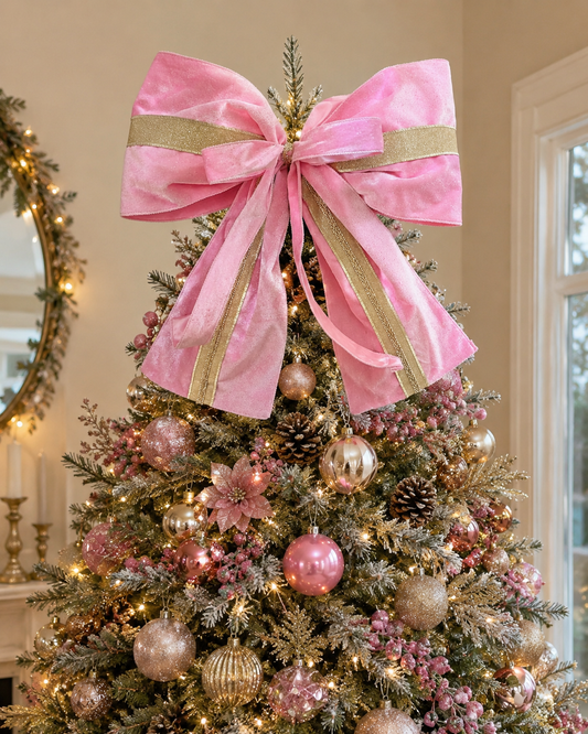Large bow, Christmas tree topper large pink velvet bow gold and pink decoration