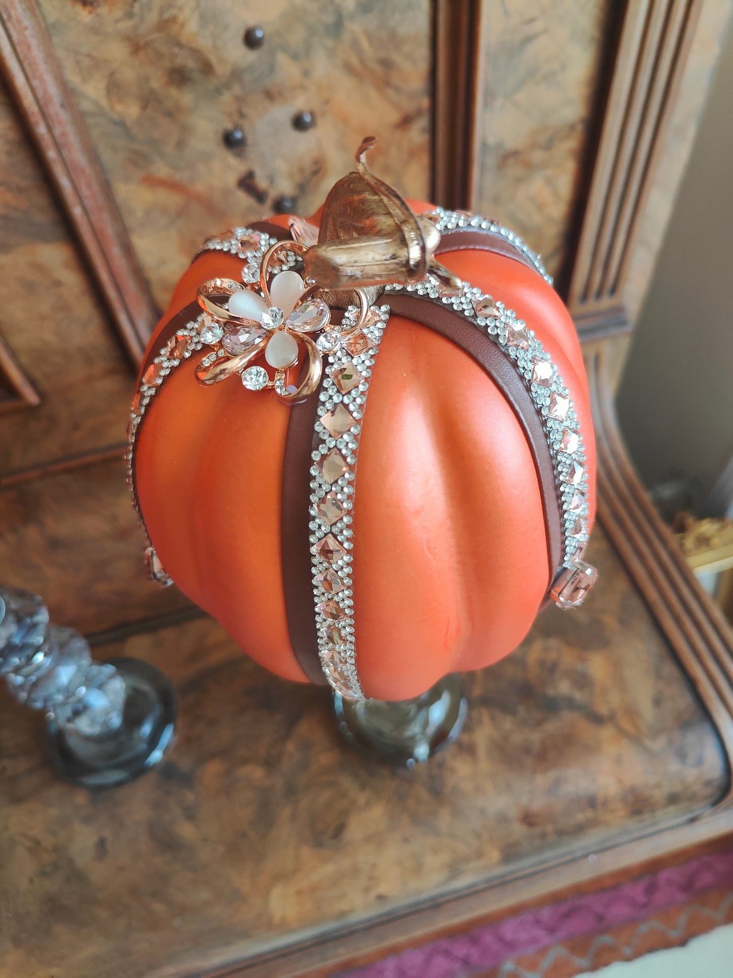 Pumpkins orange bling embellished diamante Autumn decor tablecentre pair