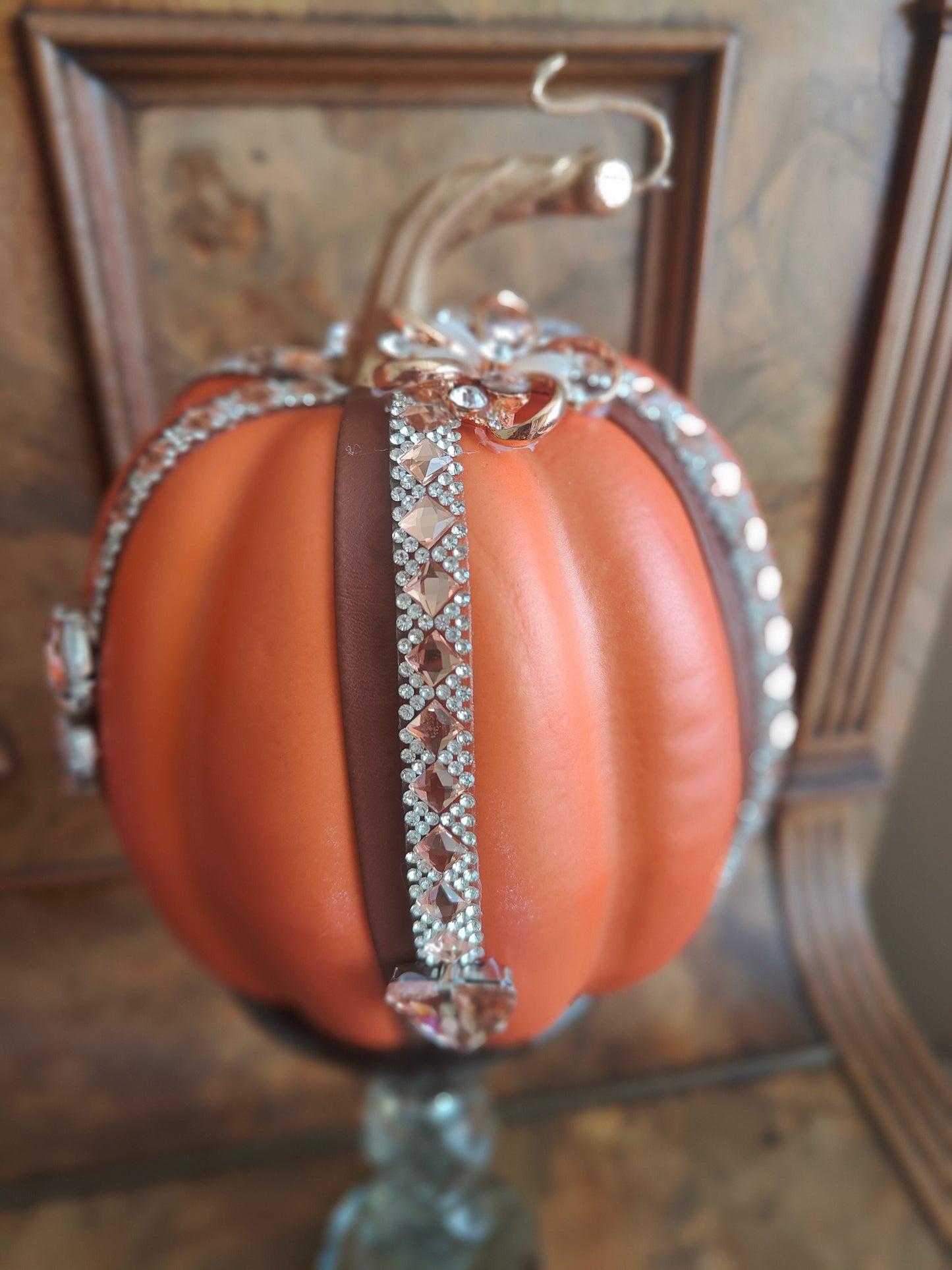 Pumpkins orange bling embellished diamante Autumn decor tablecentre pair