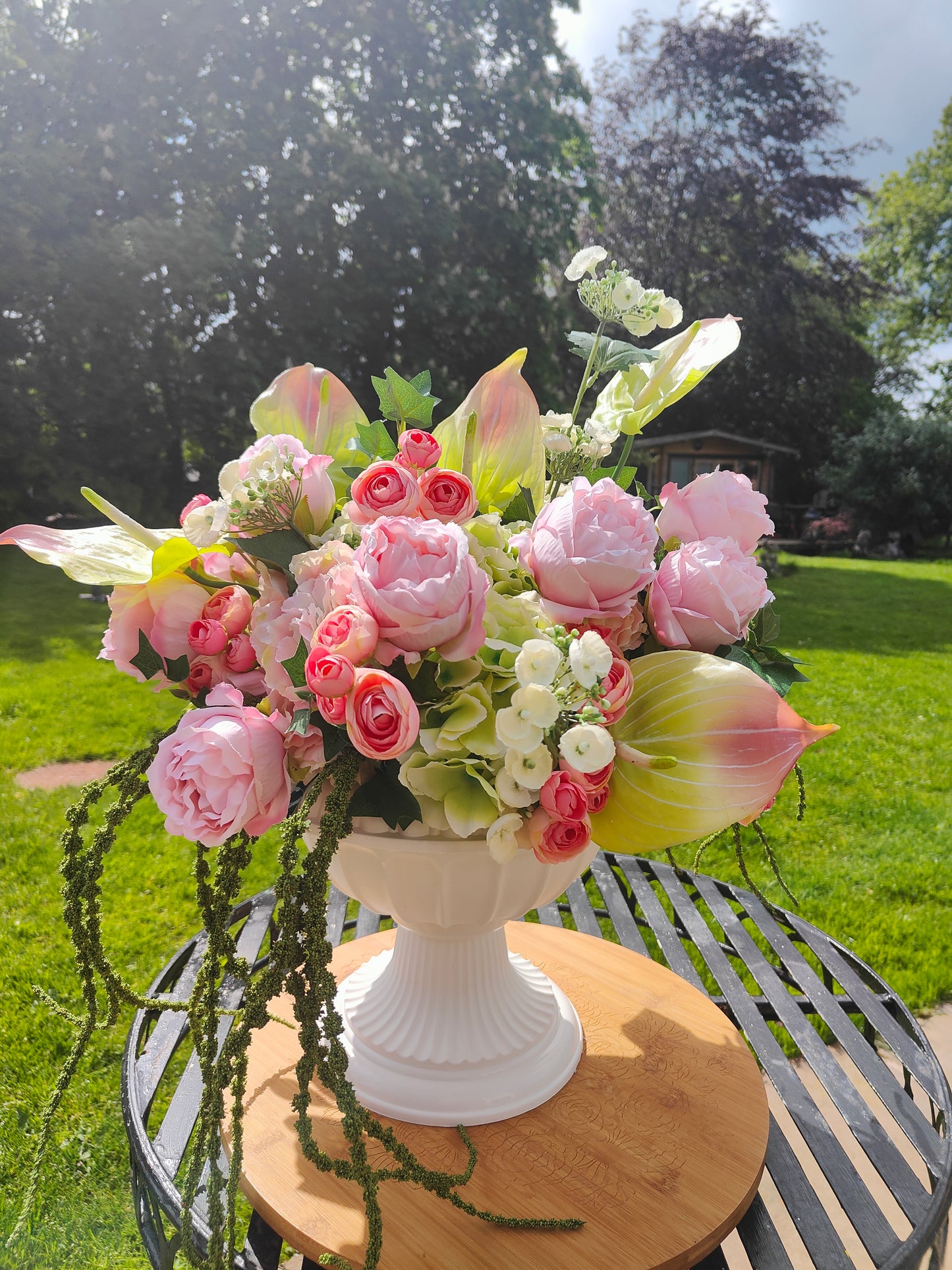 Pink and green large urn planter centrepiece tablecentre, wedding flowers, garden decor