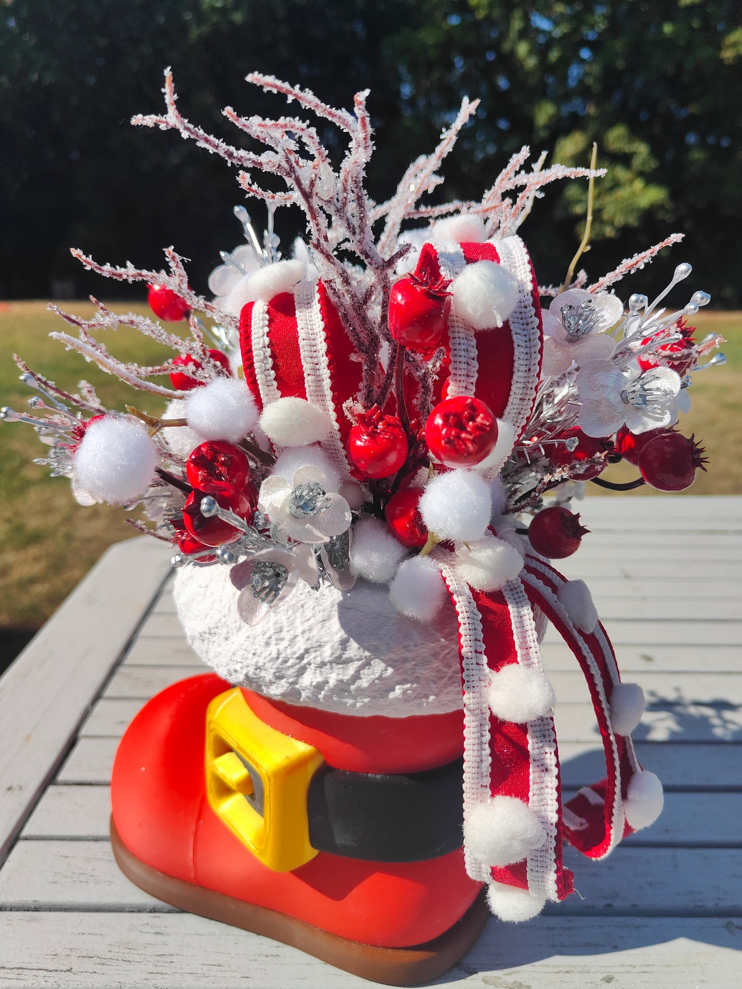 Santa boot centrepiece arrangement Christmas decoration red and white