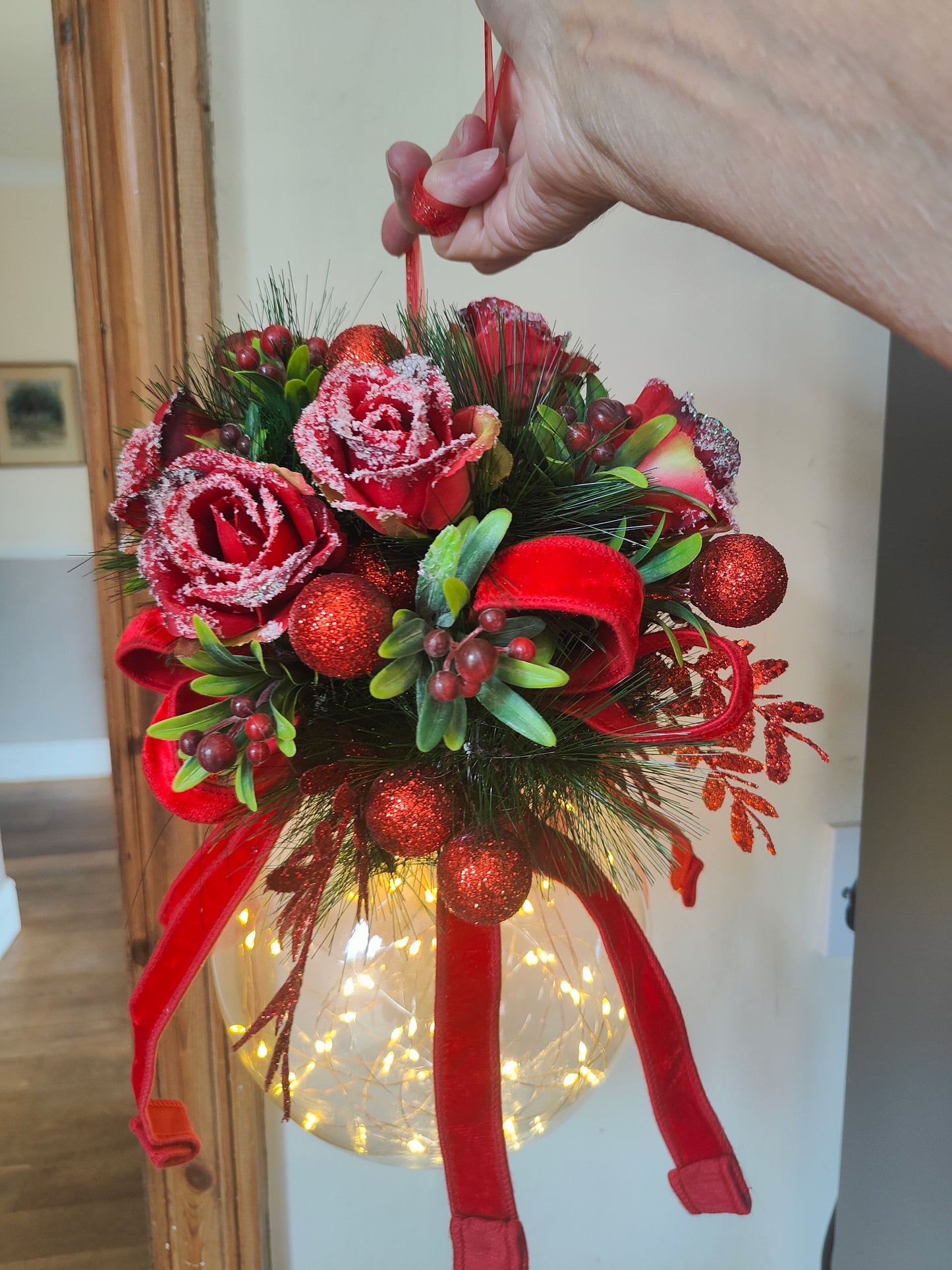 Christmas baubles large decorated traditional red and green hanging bauble display