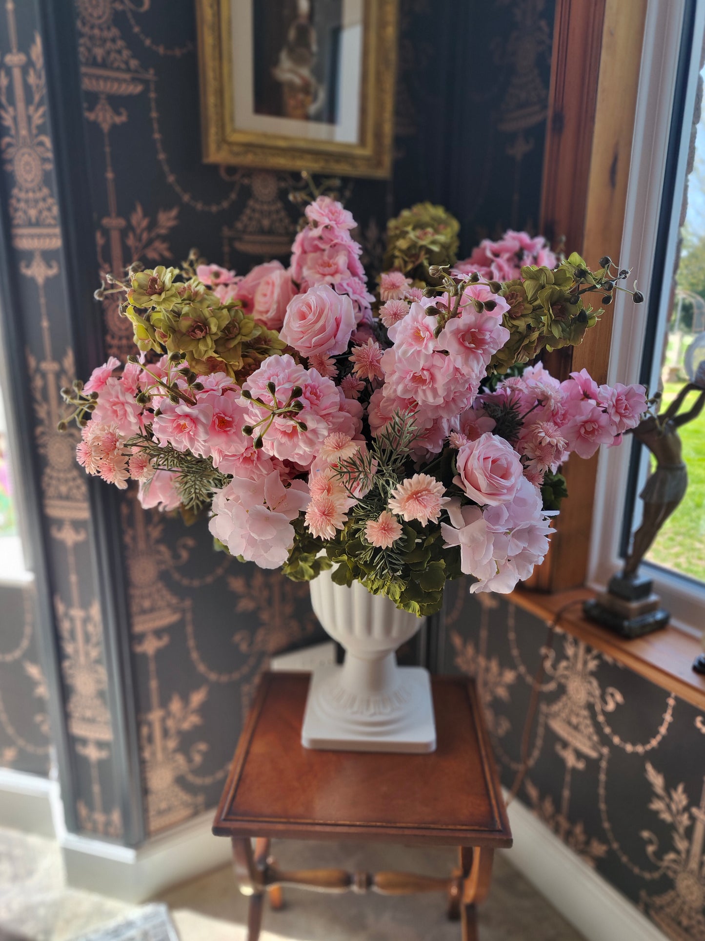 Large flower planter artificial flowers arrangement pink and green outdoor or indoor venue event florals 85cm height