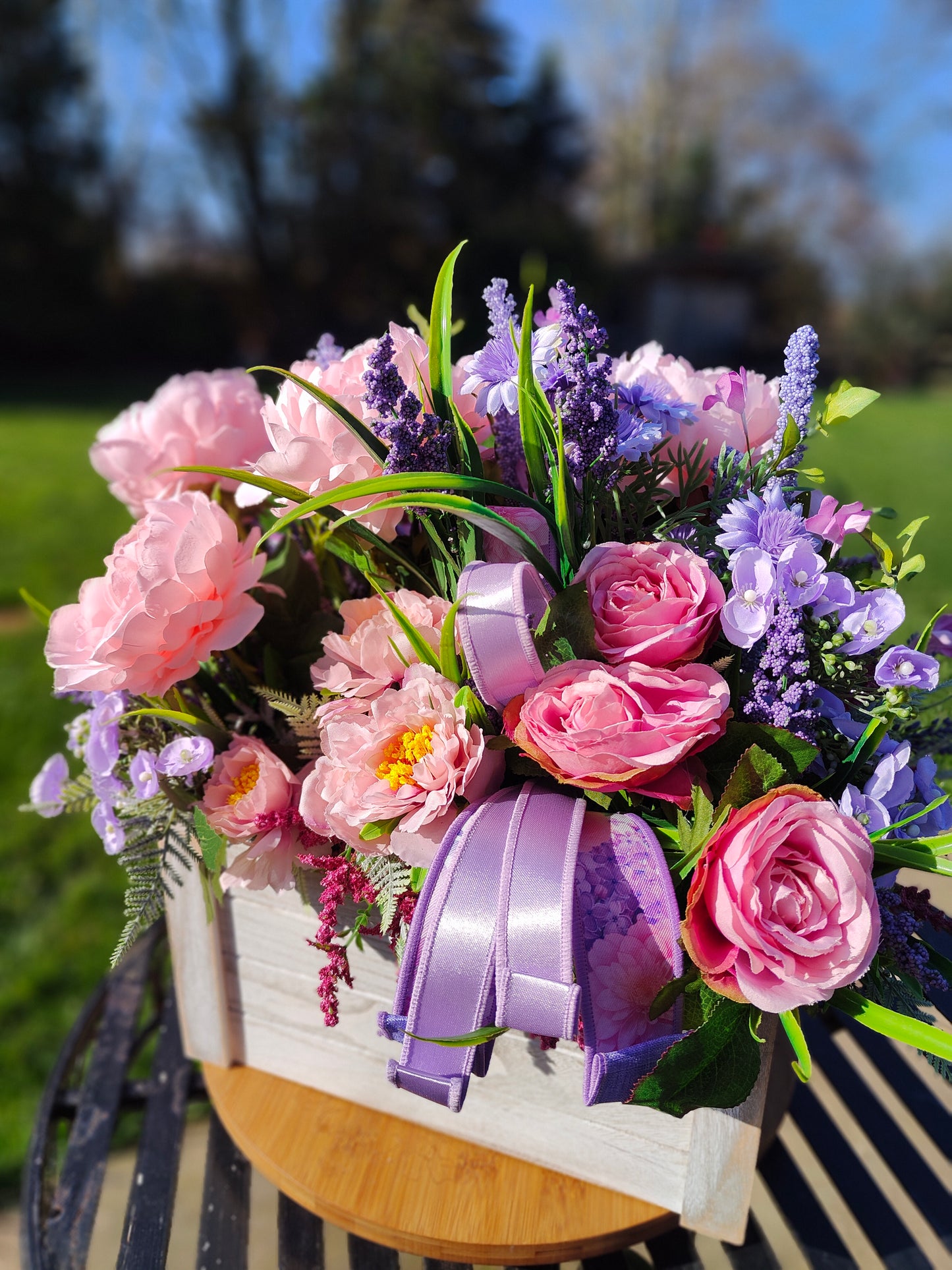 Flower planter artificial flowers arrangement pastel pinks lilacs house decor or garden patio ornament gift present