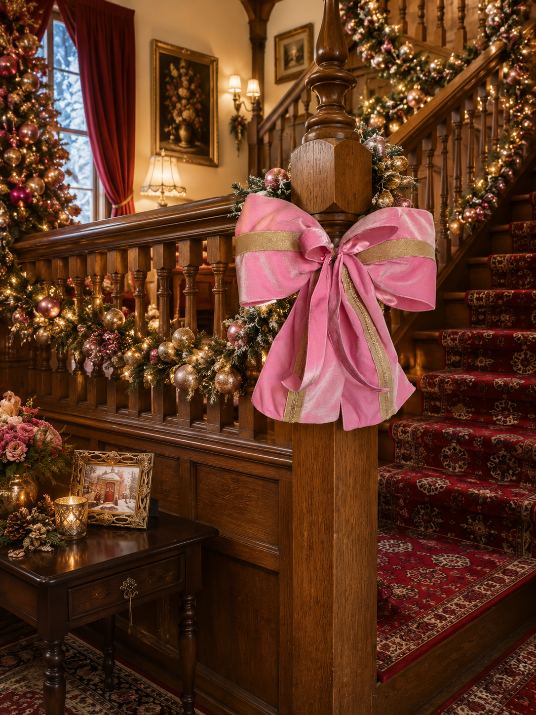Large bow, Christmas tree topper large pink velvet bow gold and pink decoration