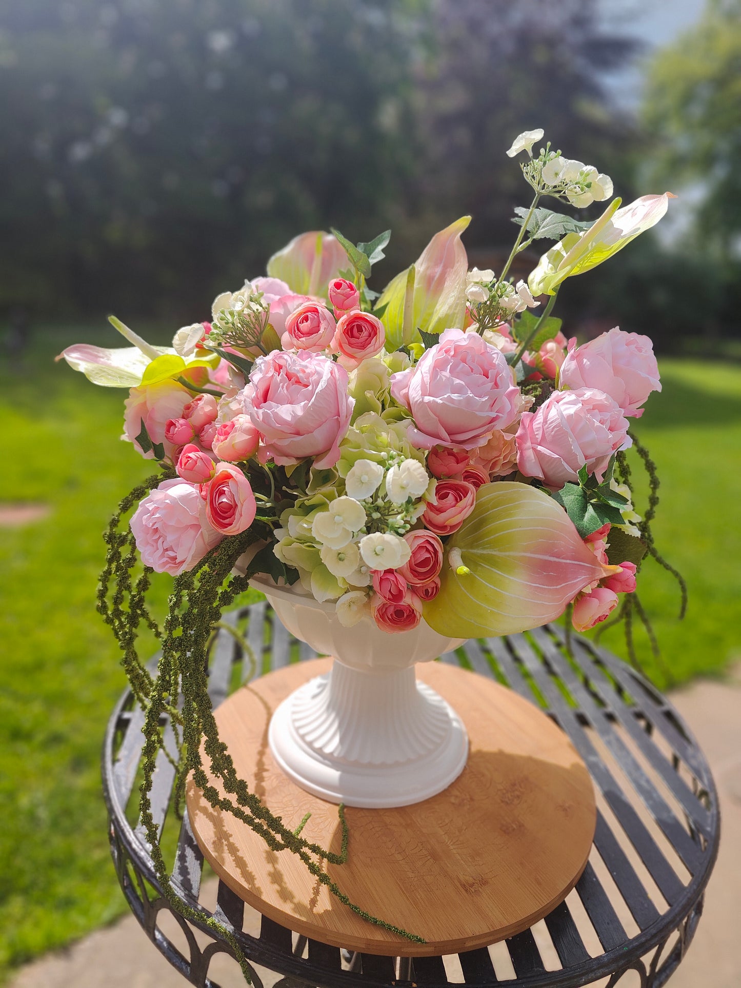 Pink and green large urn planter centrepiece tablecentre, wedding flowers, garden decor