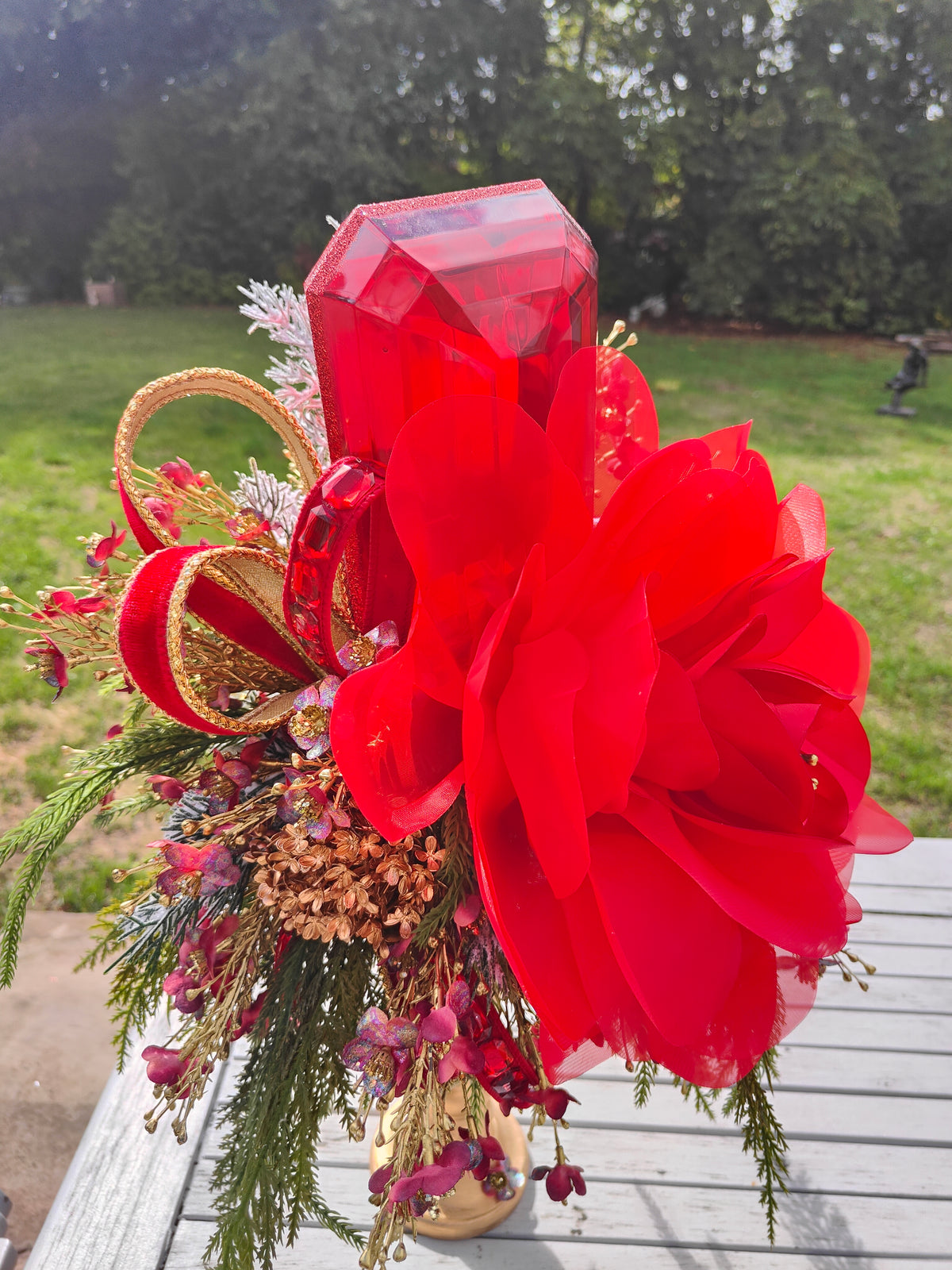 Large red Christmas candlestick gem centrepiece