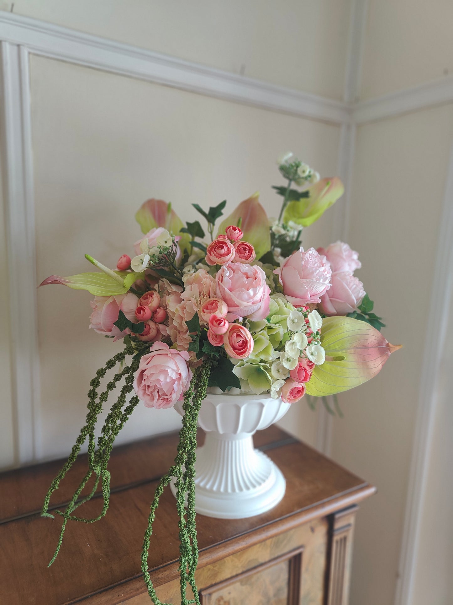 Pink and green large urn planter centrepiece tablecentre, wedding flowers, garden decor