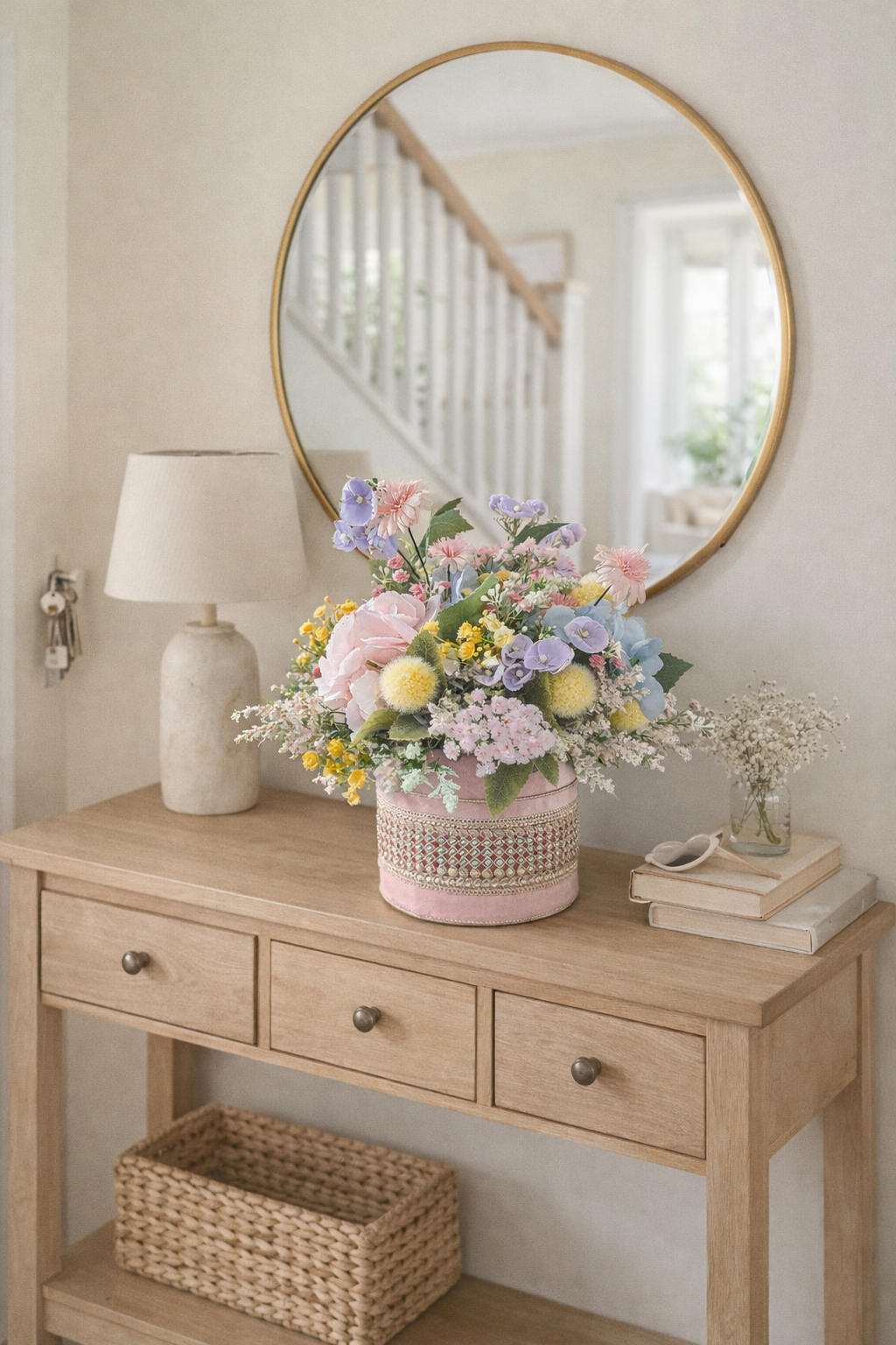 Pastel flowers artificial centrepiece box tablecentre decoration Easter Spring florals