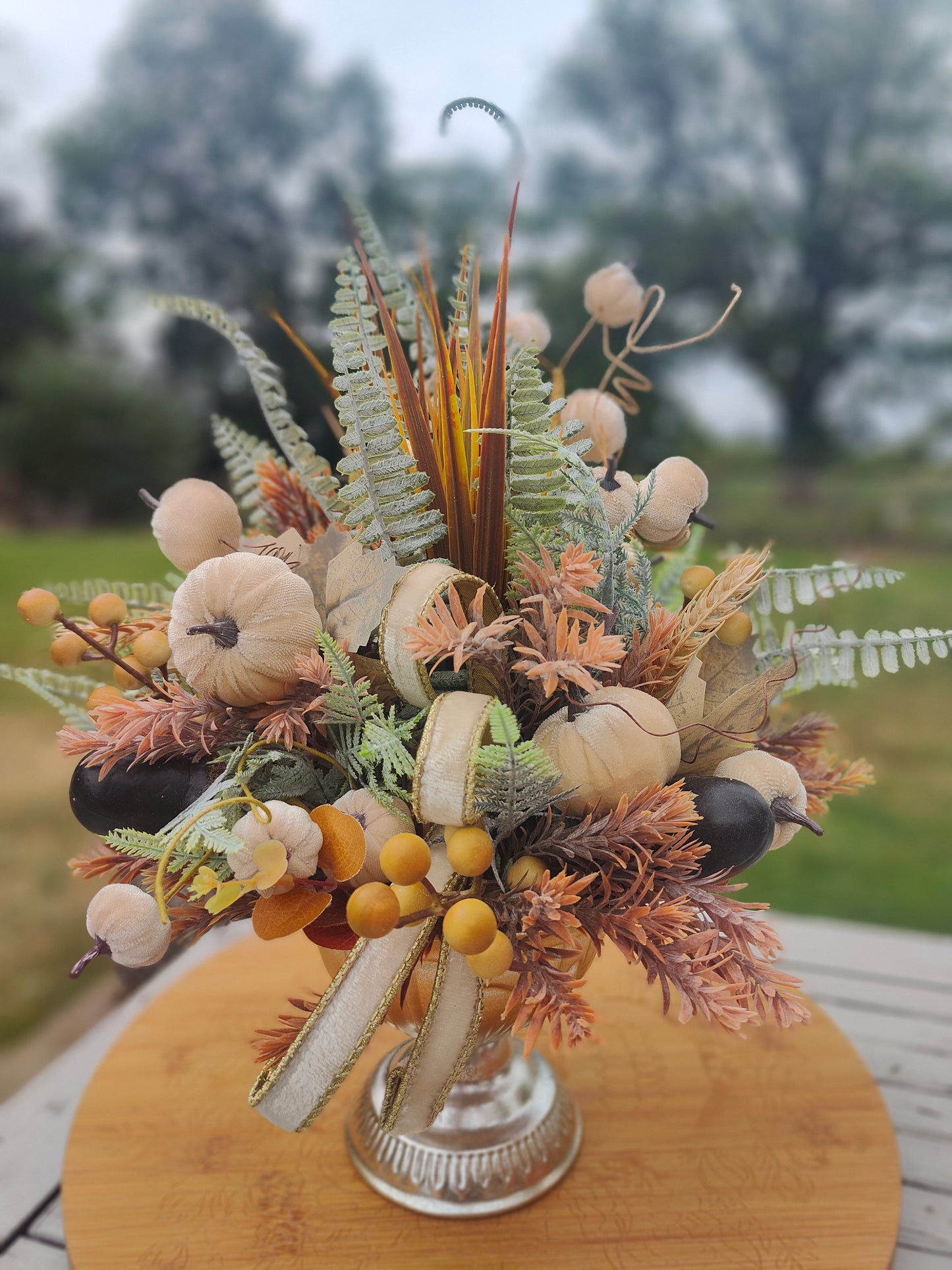 Autumn centrepiece tablecentre pumpkins artificial flower arrangement brown, cream, green