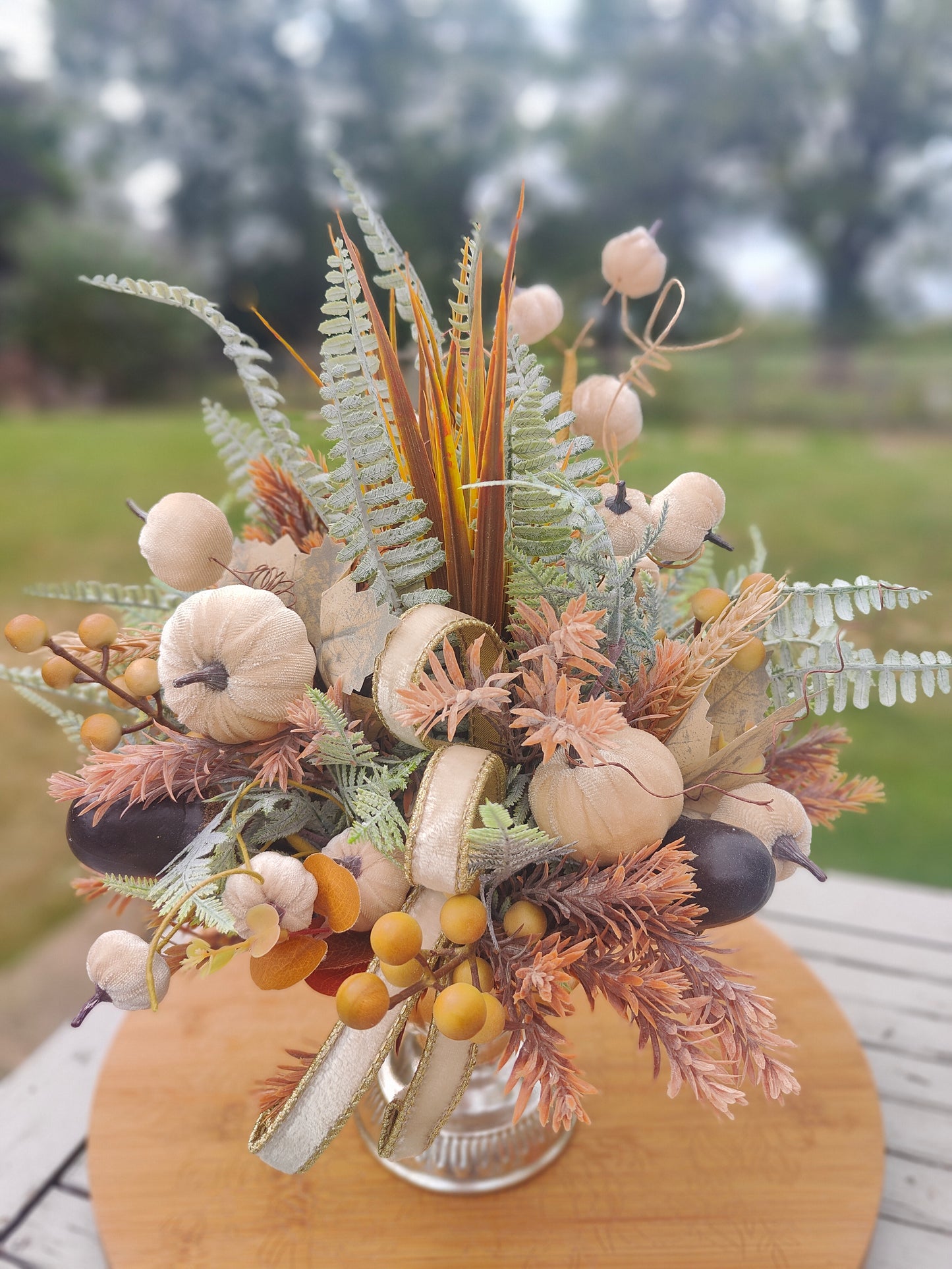 Autumn centrepiece tablecentre pumpkins artificial flower arrangement brown, cream, green