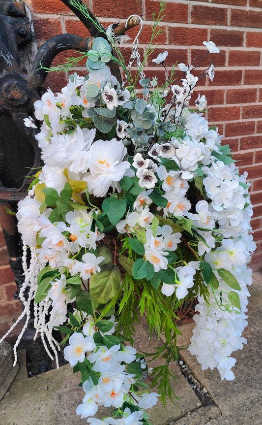 Hanging basket very large white artificial flowers cone