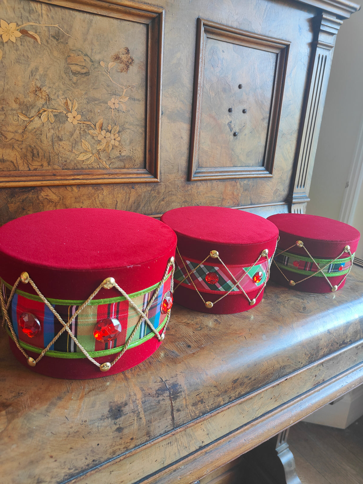 Drum set decorated Christmas drums nutcracker plaid tartan Christmas tree decorations