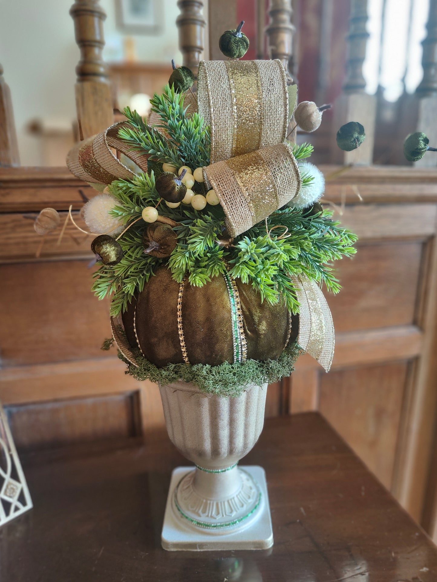 Autumn centrepiece pumpkin arrangement tall pedestal display bling pumpkin